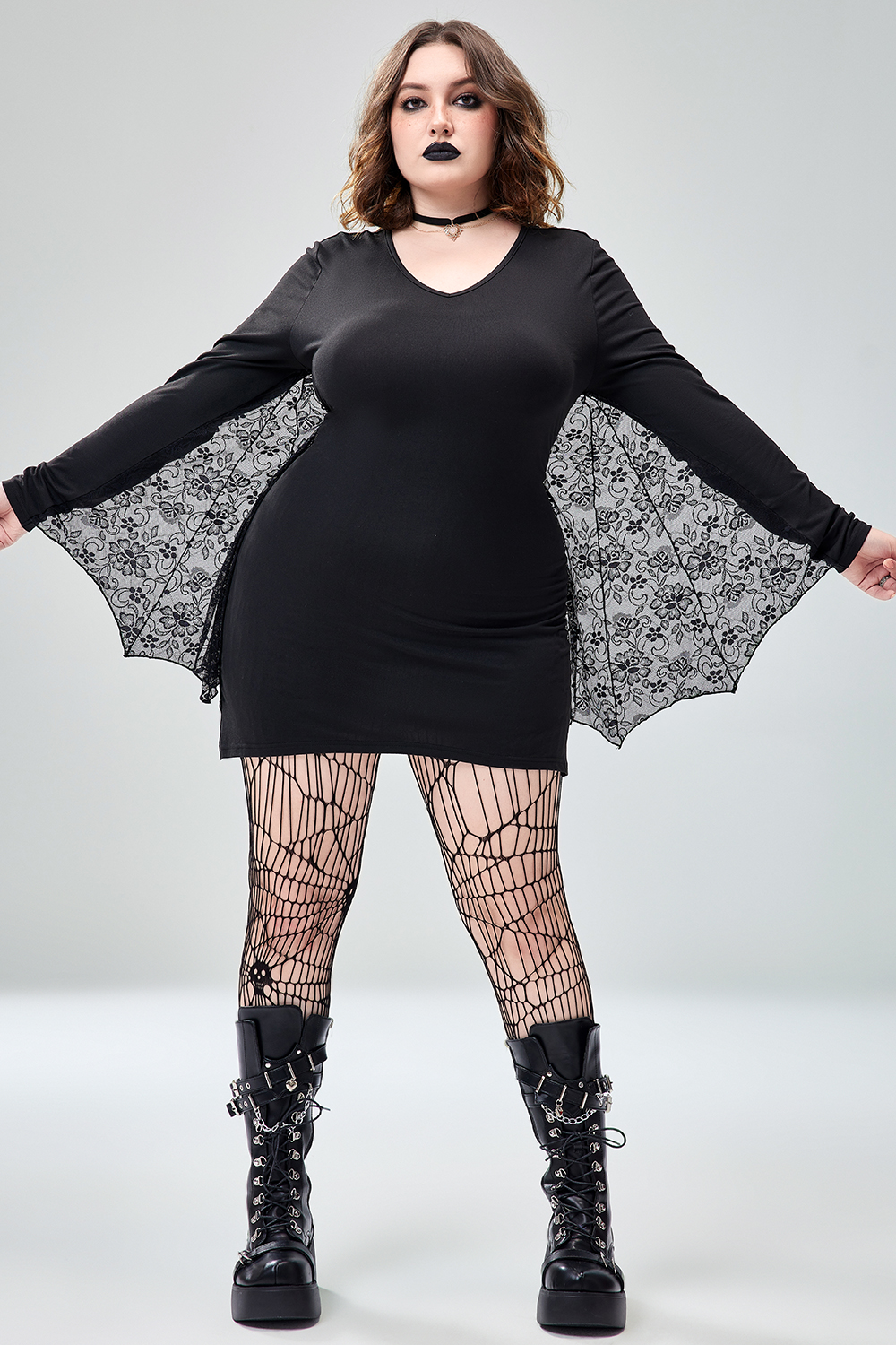 Xpluswear Design Plus Size Casual Halloween Costume Gothic Black Bat V-Neck Long Sleeve Knitted Mini Dress [Pre-Order]