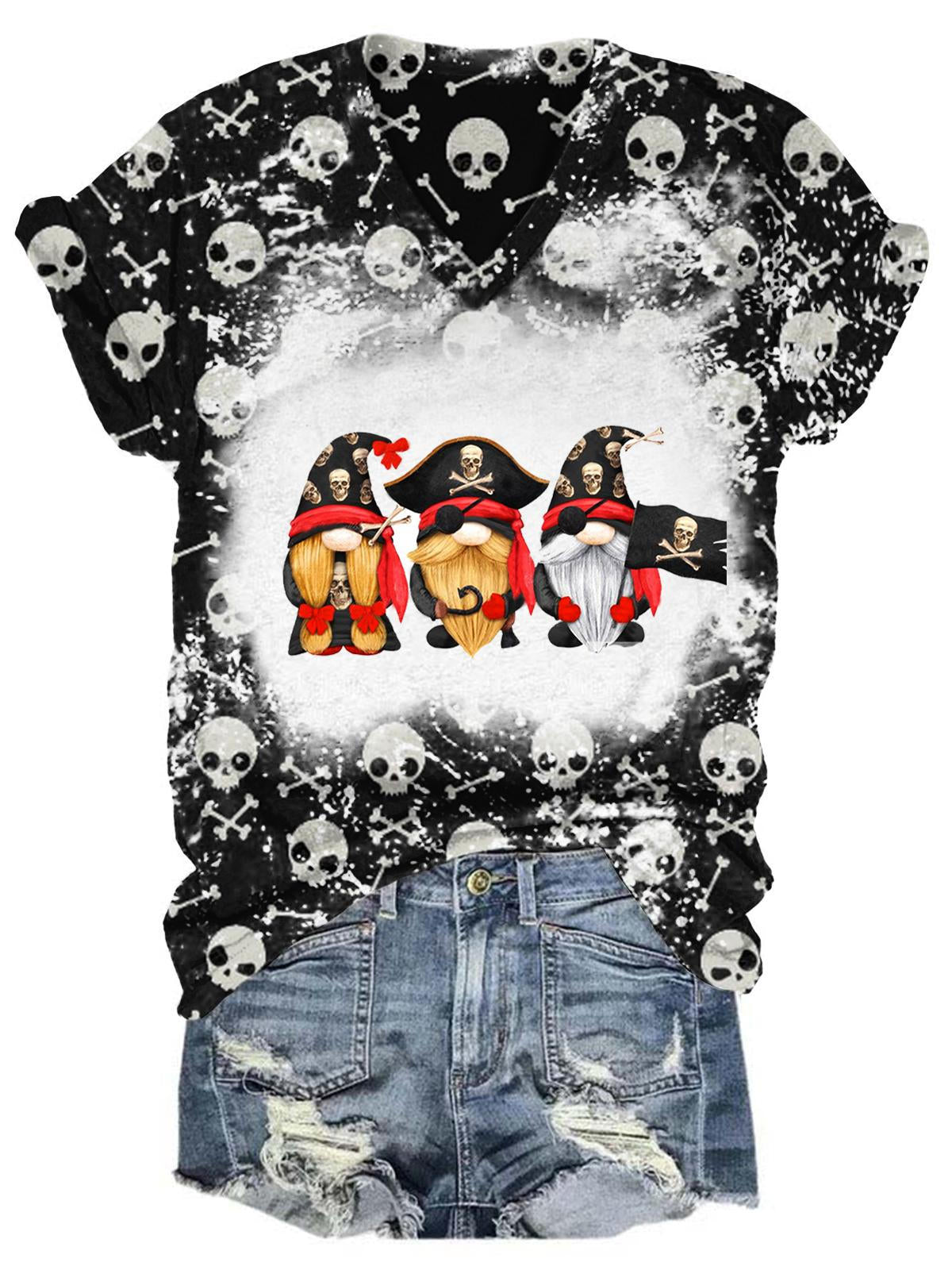 Women's Skull Pirate Gnomes Print Tie Dye Top