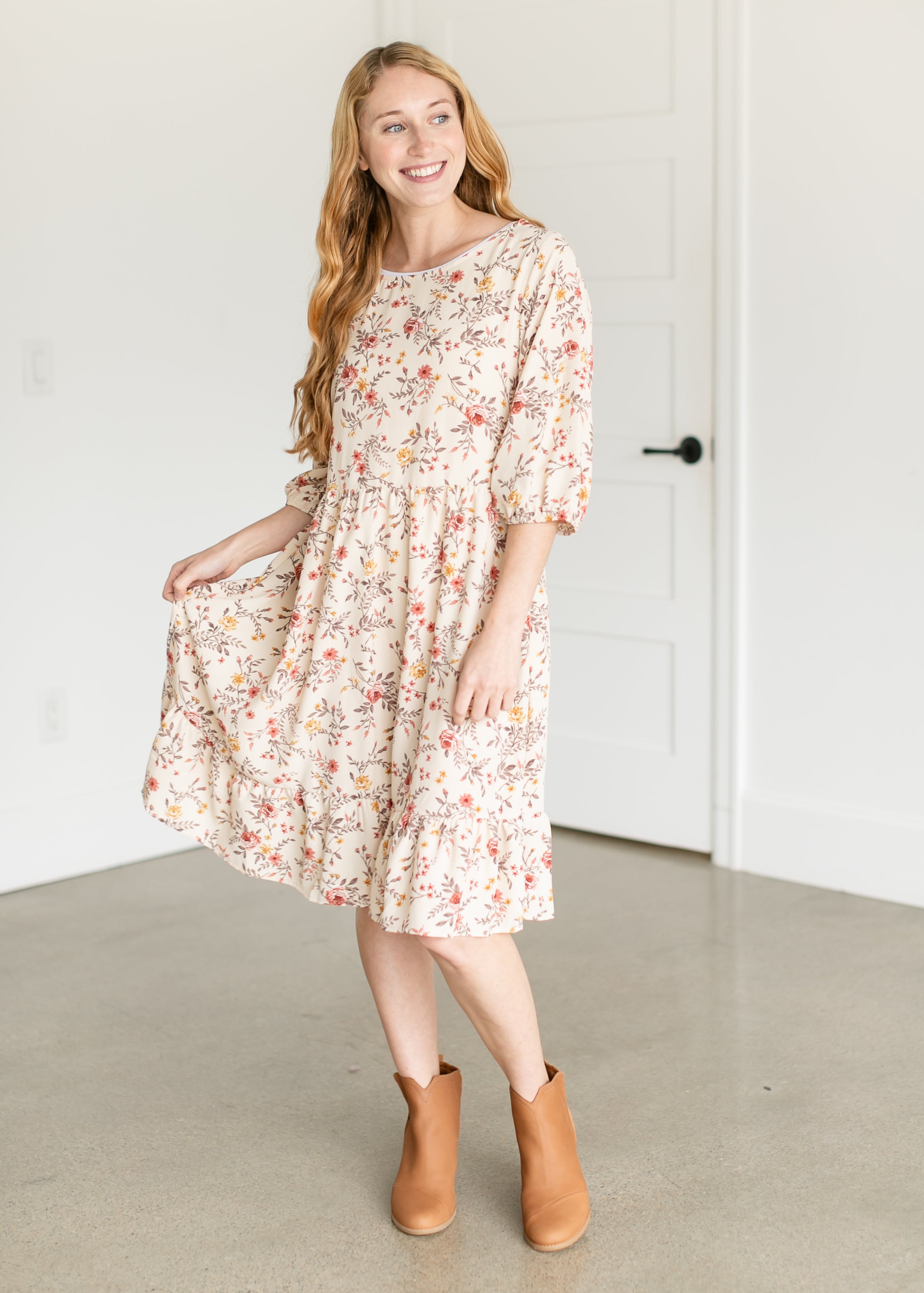 Floral 3/4 Sleeve Midi Dress