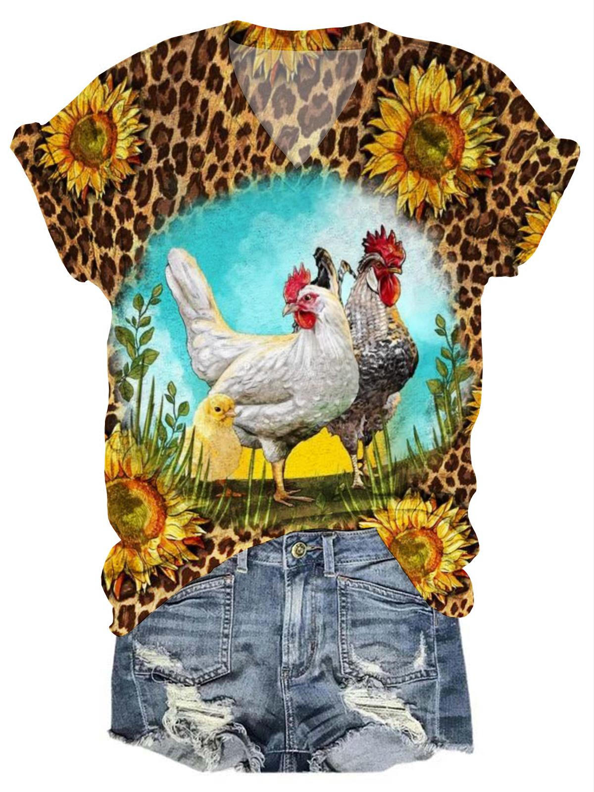 Chicken Leopard Sunflower V Neck T-Shirt