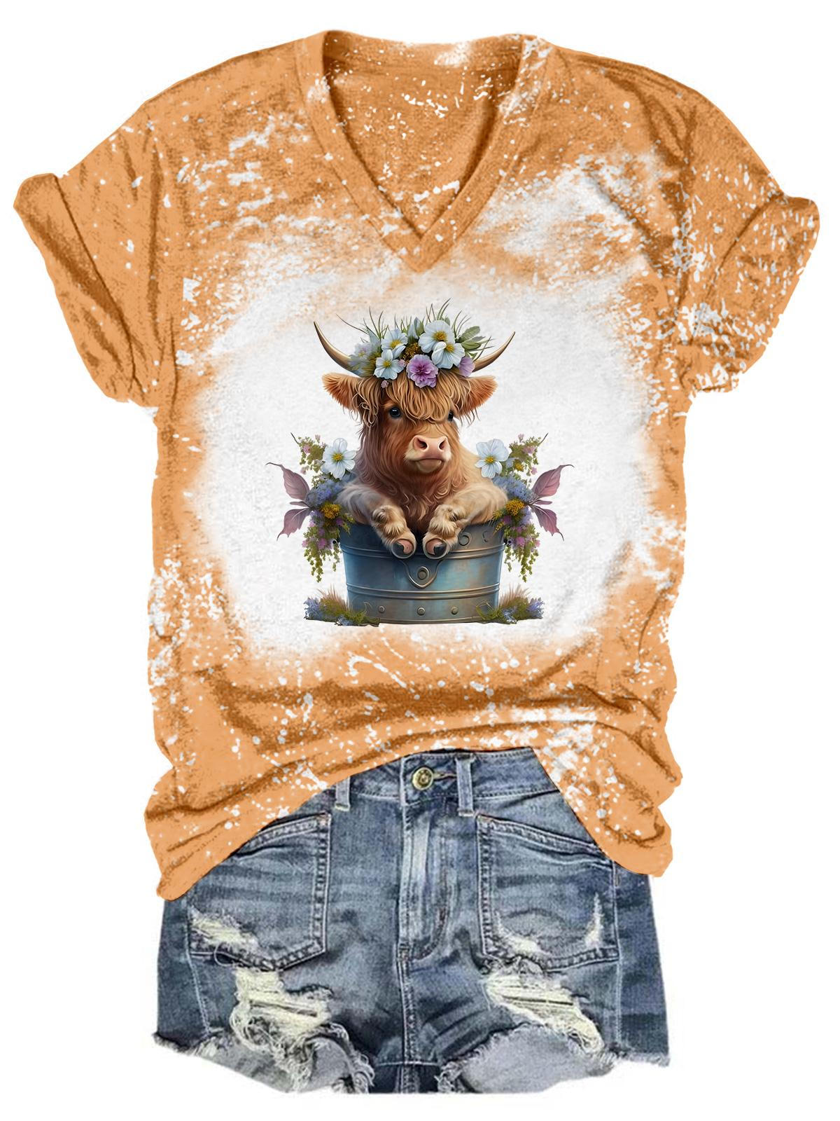 Flower Babe Highland Cow Tie Dye V Neck T-Shirt