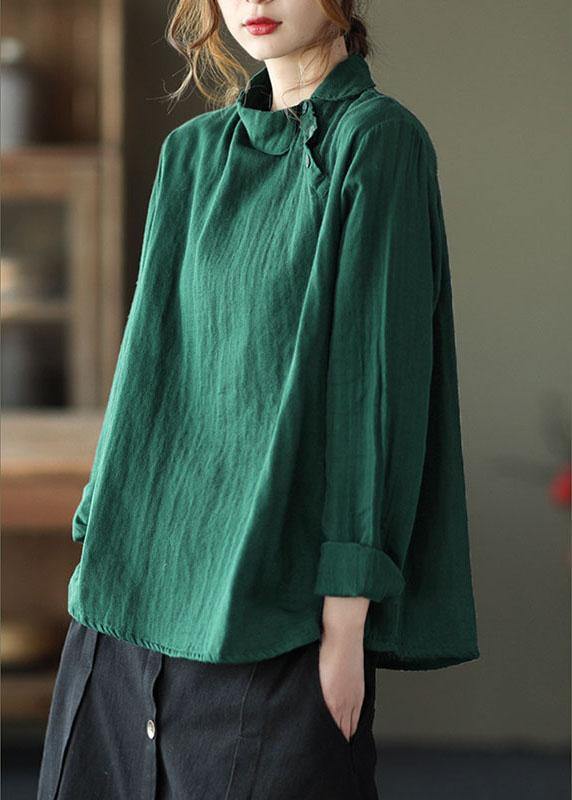 Fashion GreenPeter Pan Collar Button Fall Asymmetrical Design Top Long Sleeve
