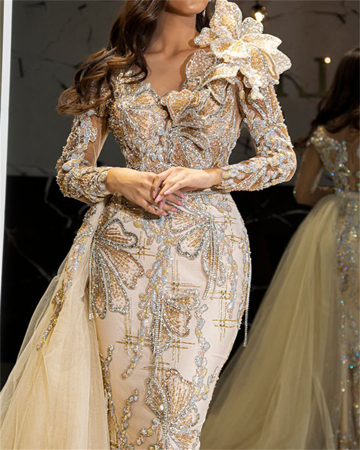 Gorgeous Embellished V-Neck Applique Shiny Wrap Evening Maxi Dress