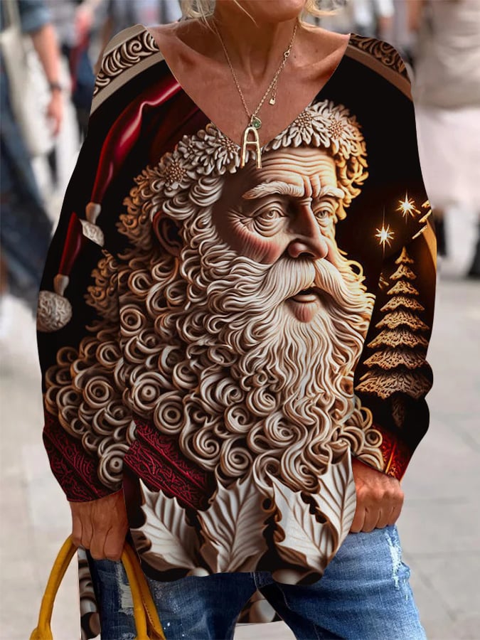 Women's Santa Print French Cashmere V-Neck Top