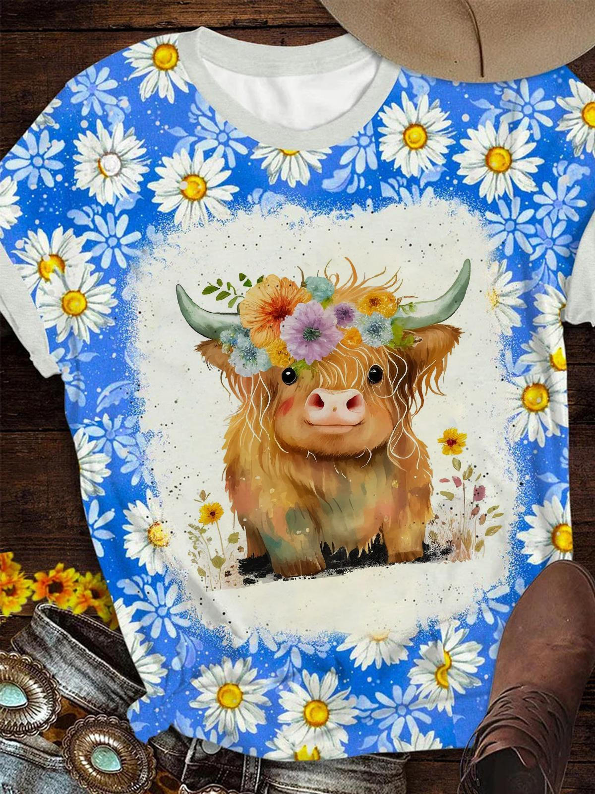 Cow Daisy Flower Crew Neck T-shirt