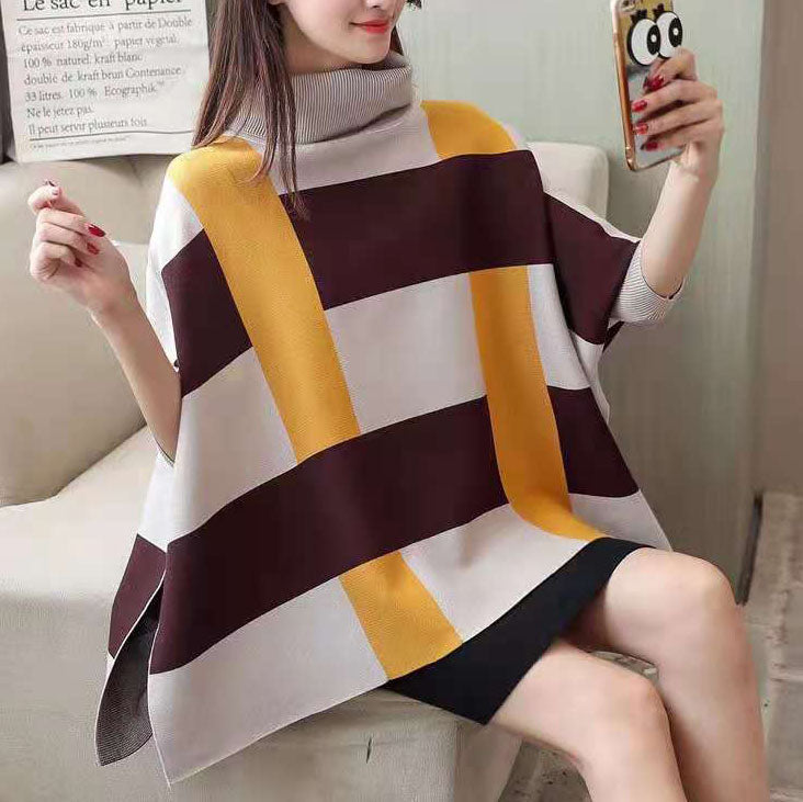 Women Striped Knit Blouse O Neck Batwing Sleeve Loose-fitting Knitted Blouse