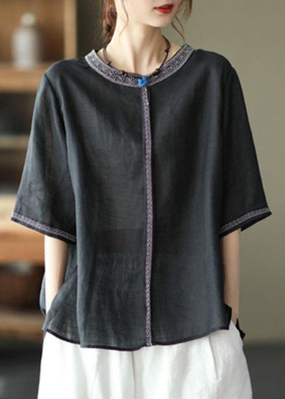 Natural Black O-Neck Embroideried Summer Ramie Blouses Half Sleeve
