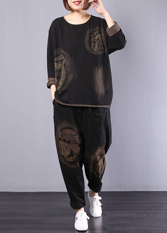 Autumn Black Appliques Suit Loose Casual Cotton Sport Two Pieces